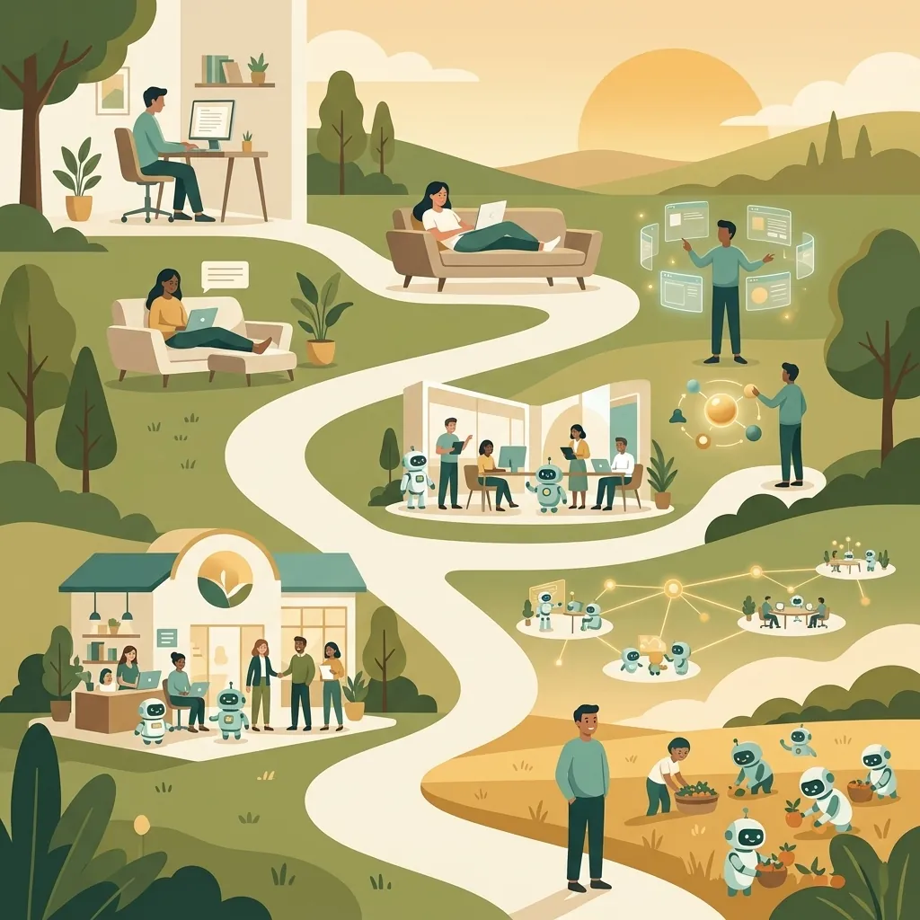 Illustrated timeline from a solo prompt engineer in 2024 to a person watching their AI agents work in a field in 2028, with GATE's multi-agent platform in the middle.