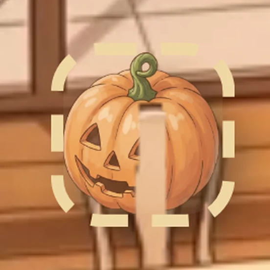 A pumpkin behind a dining chair, drawn in front of the chair's curved top and posts, with only the middle slat in front of it