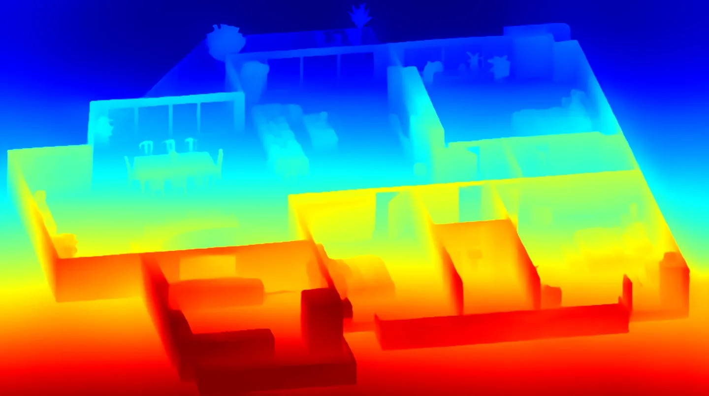AI depth map of the drawing, red for near and blue for far