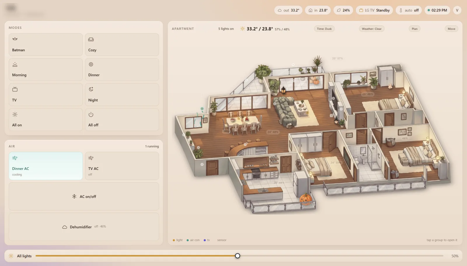Homie at dusk: a hand-drawn apartment with the lamps lit, beside the modes, air conditioning and lighting controls