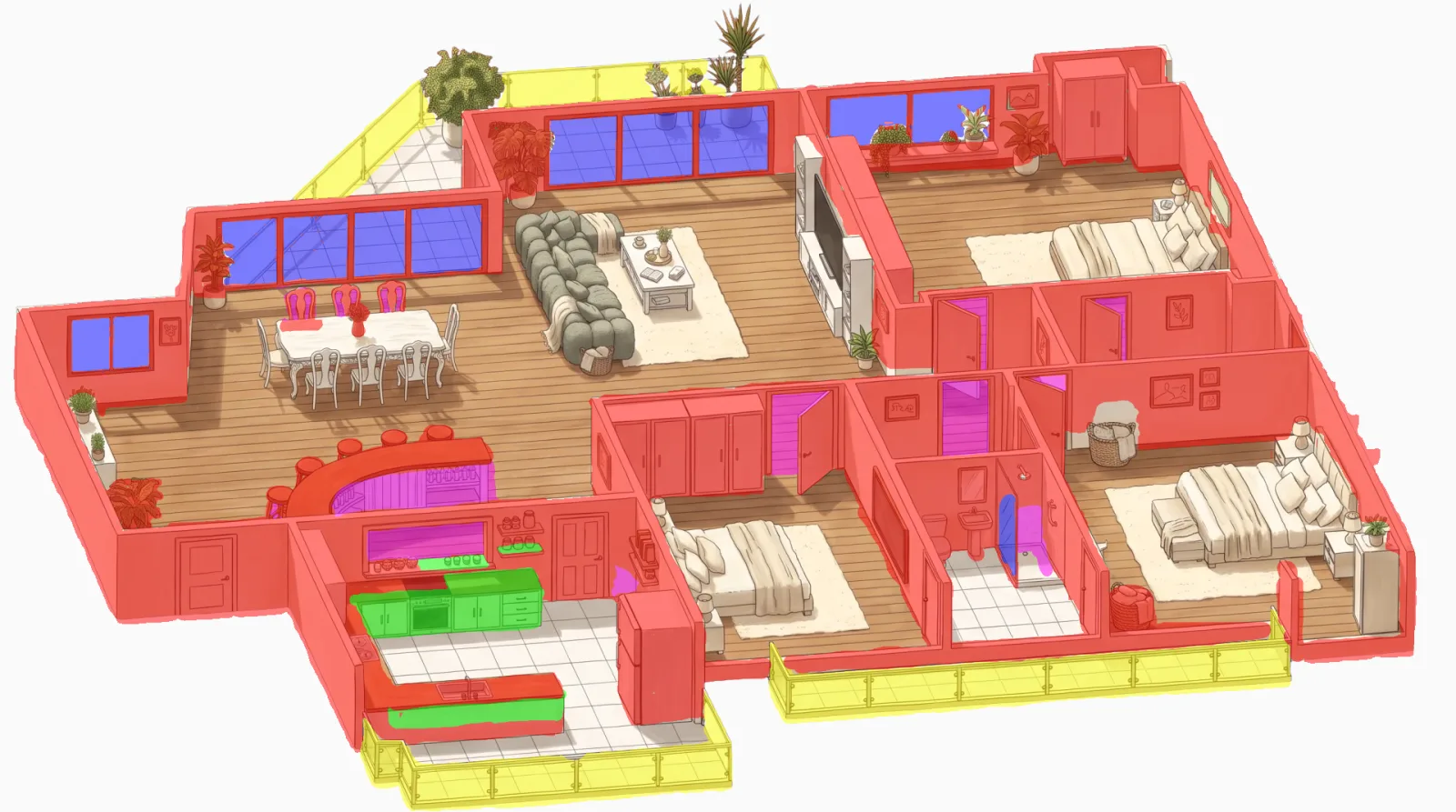 Hand-painted wall map over the drawing: red walls, blue glass, yellow railings and green tops