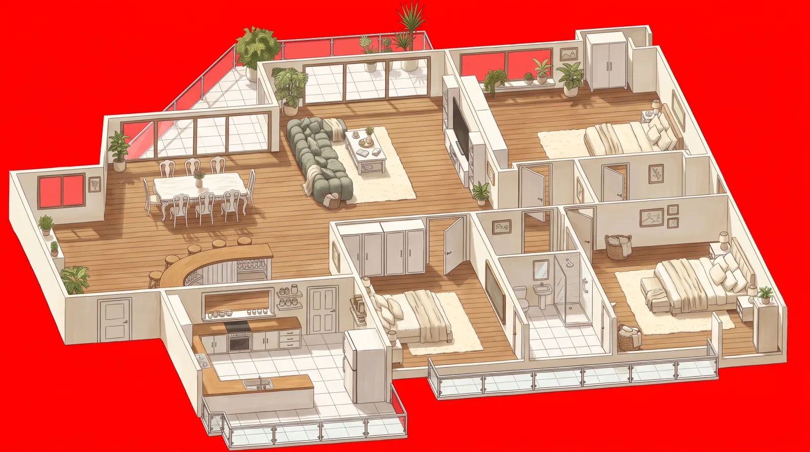 AI drawing of the apartment with everything outside the walls and windows painted red