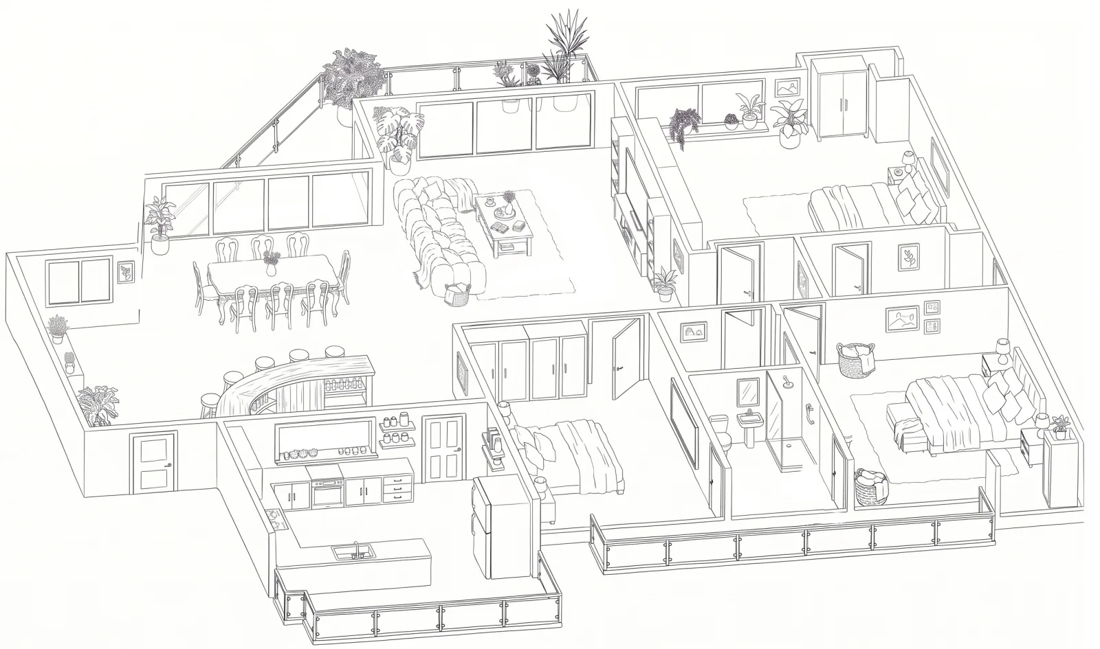 Black-and-white line sketch of the apartment, seen from above at an angle