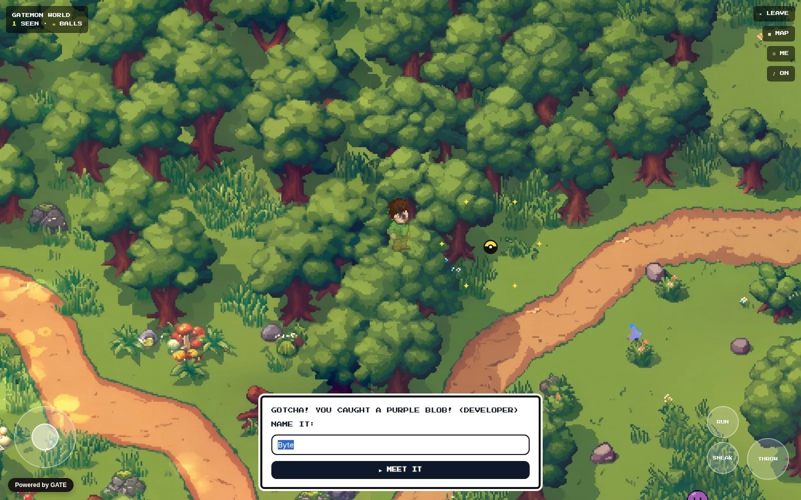 En ruta över skogen med texten GOTCHA! YOU CAUGHT A PURPLE BLOB!, ett namnfält ifyllt med Byte och knappen MEET IT