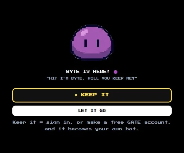 En lila pixelklump ovanför texten BYTE IS HERE! HI! I'M BYTE. WILL YOU KEEP ME? med knapparna KEEP IT och LET IT GO