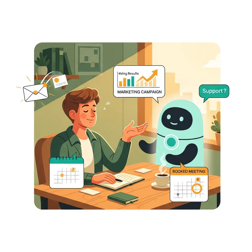 A small-business owner directing a friendly AI helper that handles the real work: sending an email to a customer, running a marketing campaign, answering a support question, and booking a meeting.