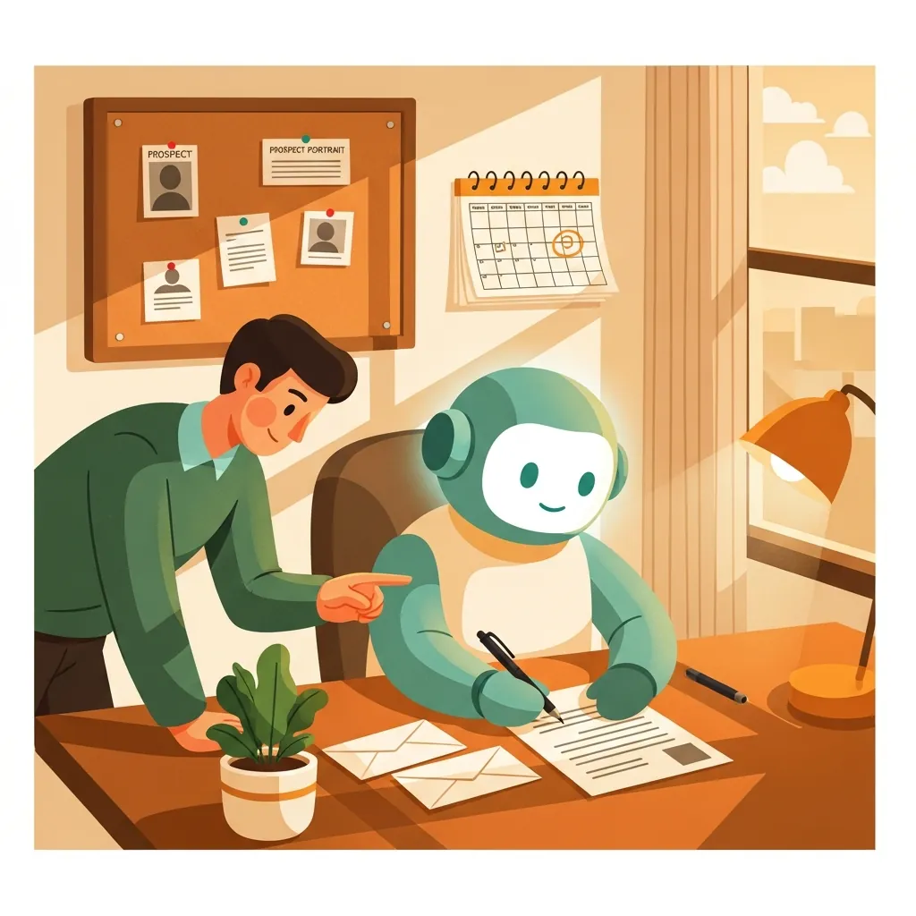 A friendly AI sales agent at a cozy desk running outreach for a small-business owner: prospect cards pinned on the board, a personal letter being written, envelopes ready to send, and a booked meeting circled on the calendar.